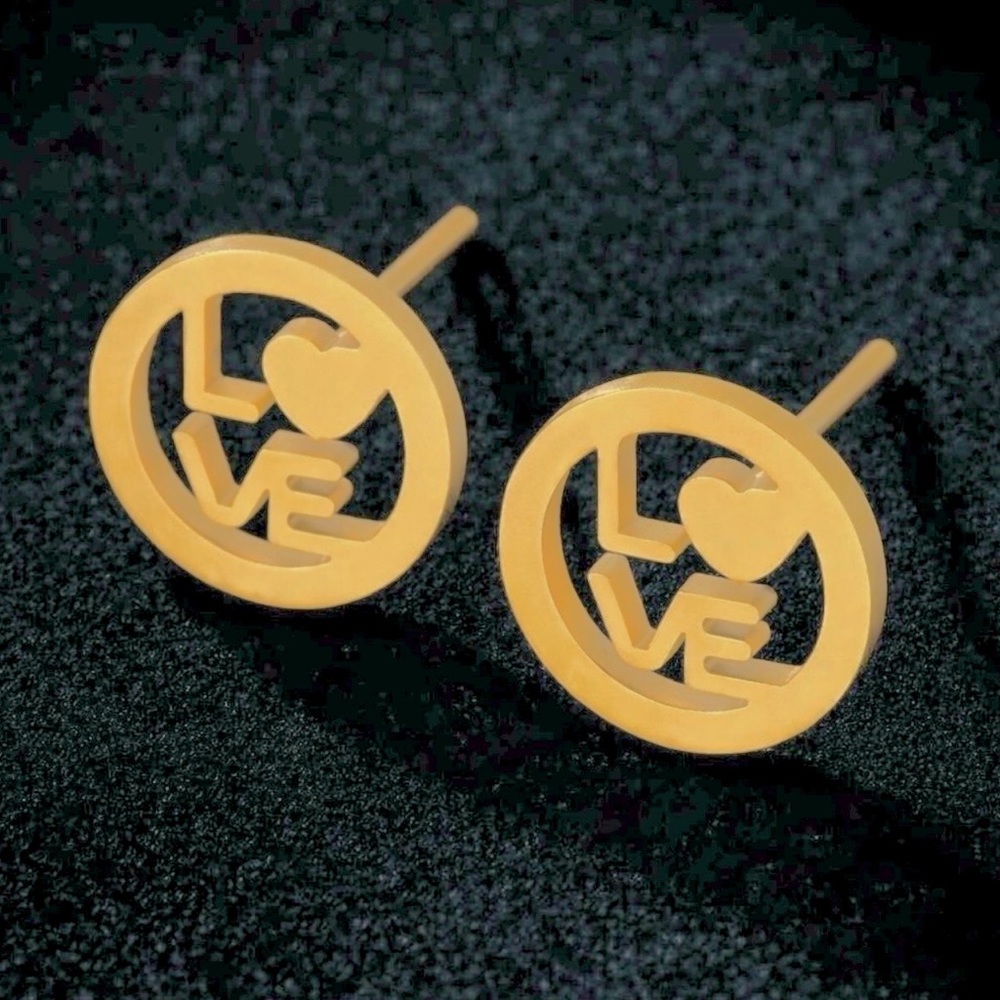 “LOVE” Letters Heart Gold Stainless Steel Cut-Out Circle Romance Mini Tiny Studs - Picture 3 of 11